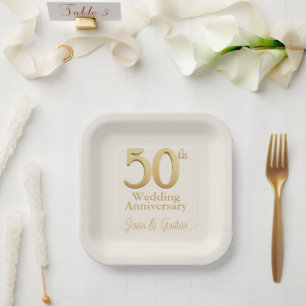 50th Wedding Anniversary Champagne White and Gold Paper Plate