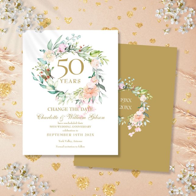 50th Wedding Anniversary Change the Date Floral Announcement Postcard (50th Wedding Anniversary Change the Date Floral Announcement Postcard)