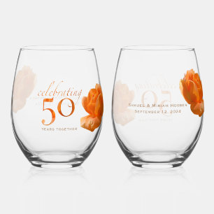 50th wedding anniversary customise peach rose gift stemless wine glass