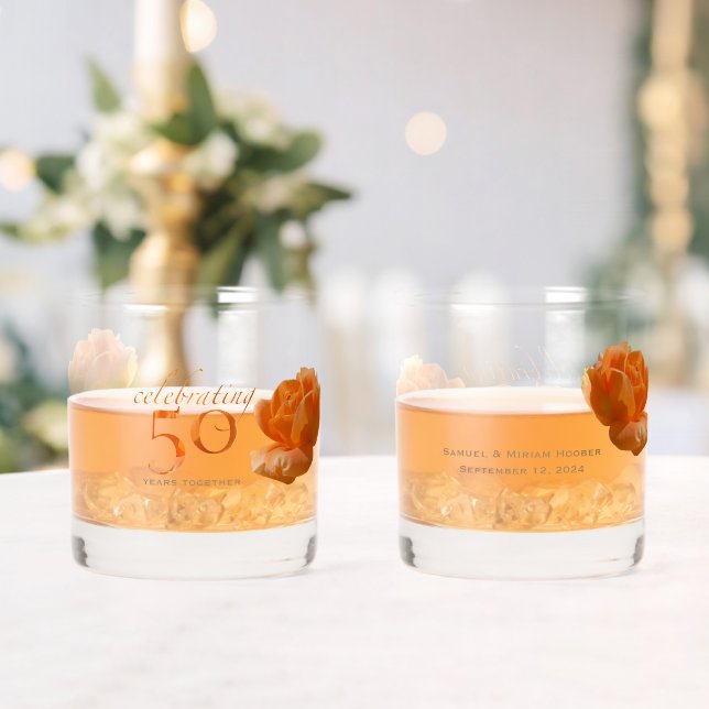 50th wedding anniversary customise peach rose gift whiskey glass (Insitu (Wedding))
