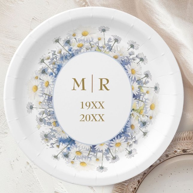 50th Wedding Anniversary Daisy Blue & Gold Paper Plate (Creator Uploaded)