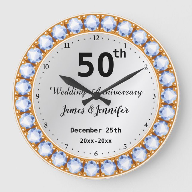 50th Wedding Anniversary diamond Custom Names Large Clock (Front)