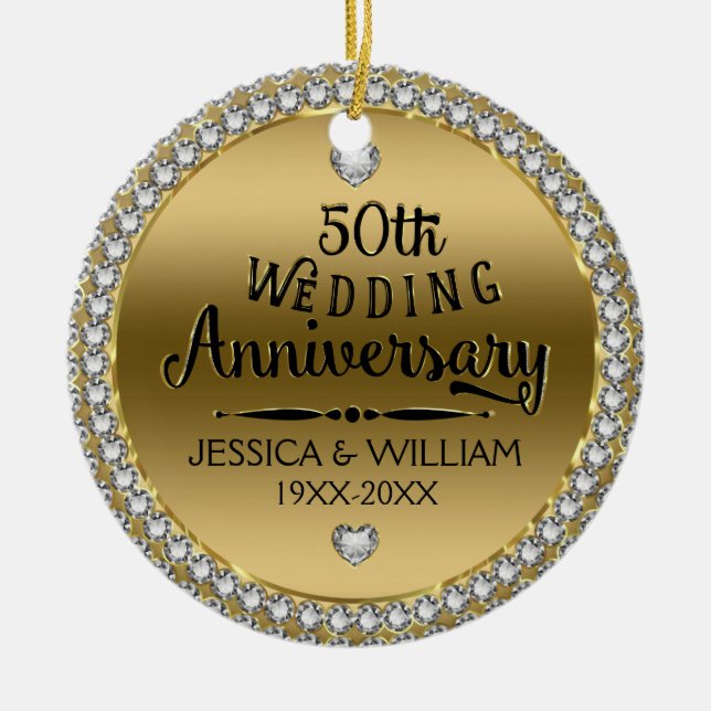 50th Wedding Anniversary Diamonds And Gold Ceramic Tree Decoration (Front)