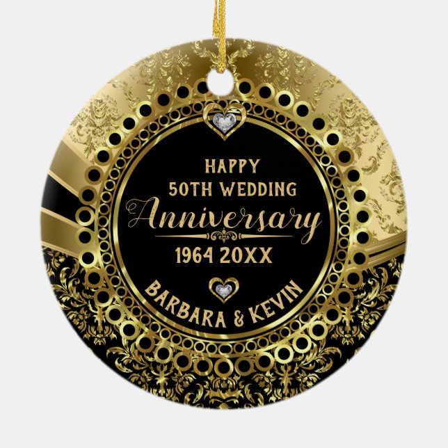 50th Wedding Anniversary Diamonds & Gold Damasks Ceramic Tree Decoration (Back)