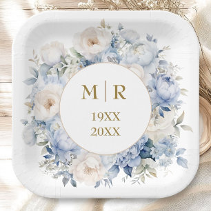 50th Wedding Anniversary Dusty Blue Gold Paper Plate