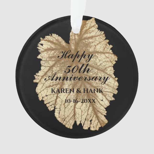 50th Wedding Anniversary Elegant Black Gold Leaves Ornament (Front)