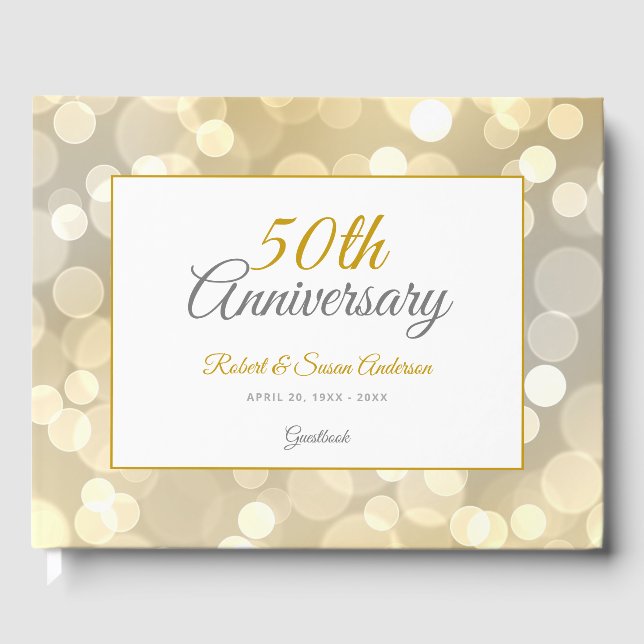 50th Wedding Anniversary Elegant Gold Bokeh Guest Book (Front)