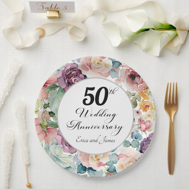 50th Wedding Anniversary Elegant Script Floral Paper Plate (Wedding)