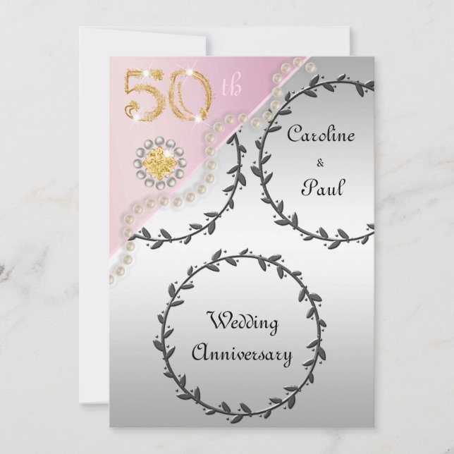 50th Wedding Anniversary Embossed Silver Rose Gold Invitation (Front)