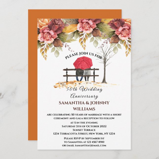 50th Wedding Anniversary Fall Autumn Botanical Invitation (Front/Back)