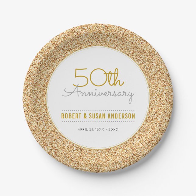 50th Wedding Anniversary Faux Gold Glitter Paper Plate (Front)