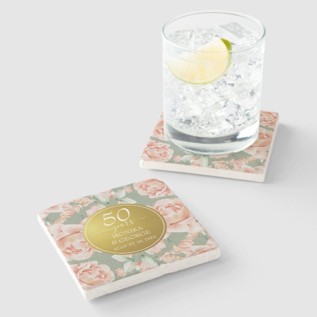 50th Wedding Anniversary Floral Gold Stone Coaster (Side)