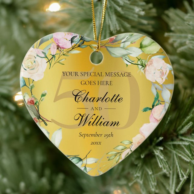 50th Wedding Anniversary Floral Monogram Gold Ceramic Tree Decoration (50th Wedding Anniversary Floral Monogram Gold Ceramic Ornament)