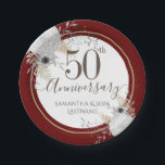 50th Wedding Anniversary Floral Paper Plate<br><div class="desc">Lovely faux foil border with shimmering confetti highlights on the top and bottom border. Elegant white,  gold,  and silver floral design. All text is adjustable and easy to change for your own party needs. Great elegant 50th wedding anniversary design. Available in different colours.</div>