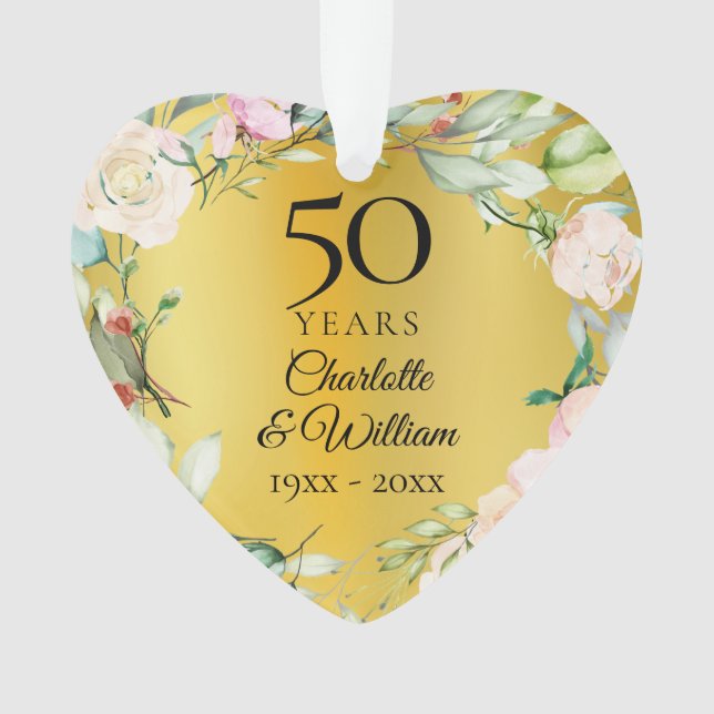 50th Wedding Anniversary Floral Photo Gold Ornamen Ornament (Front)
