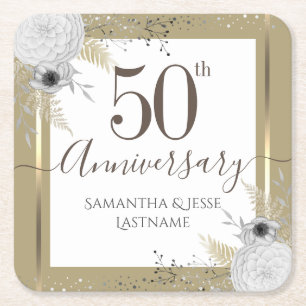 50th Wedding Anniversary Floral Square Paper Coast Coaster