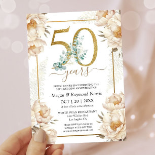 50th Wedding Anniversary Floral White Peony Gold Invitation
