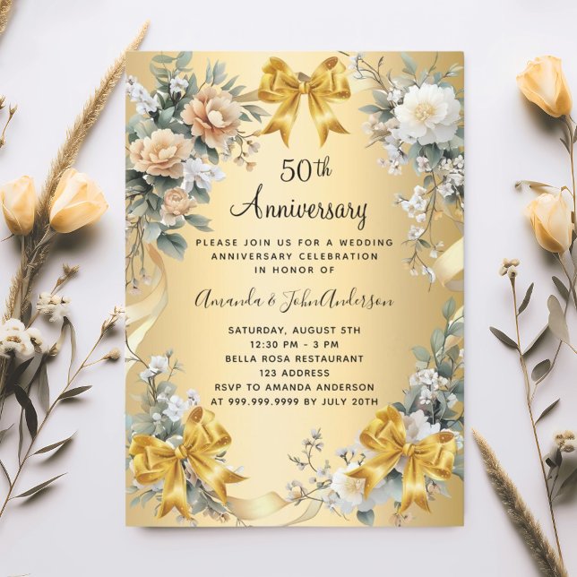 50th wedding anniversary florals gold bows invitation (Creator Uploaded)