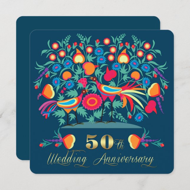 50th Wedding Anniversary Folk Art Invitation (Front/Back)