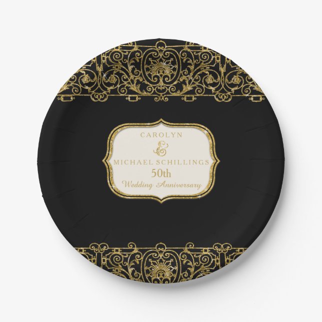 50th Wedding Anniversary Gold Art Nouveau Party Paper Plate (Front)