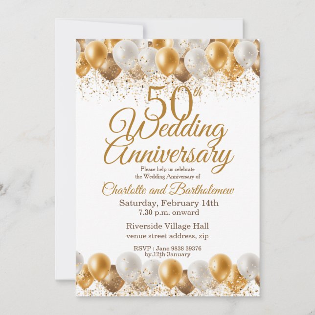 50th Wedding Anniversary Gold Balloon Invitation (Front)