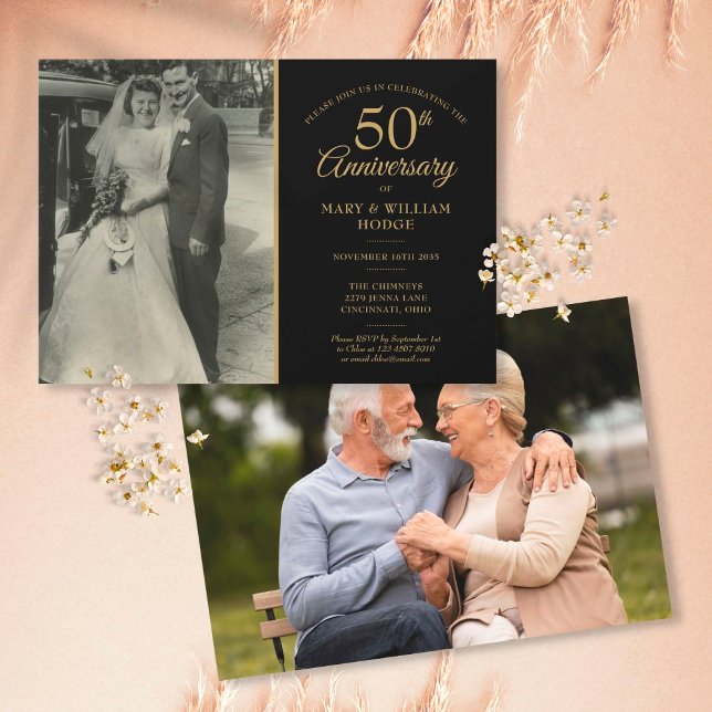 50th Wedding Anniversary Gold Black 2 Photo Invitation (Creator Uploaded)