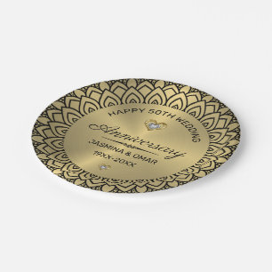 50th wedding anniversary gold & black mandala paper plate