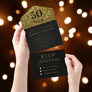 50th Wedding Anniversary Gold Black Modern All In One Invitation