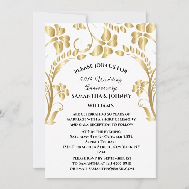 50th Wedding Anniversary Gold Botanical Floral Invitation (Front)