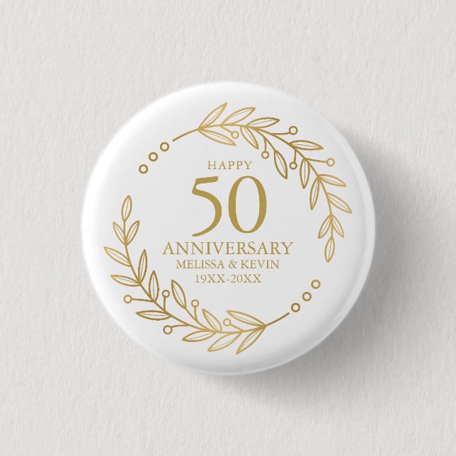50th Wedding Anniversary Gold Botanicl Frame 3 Cm Round Badge (Front)