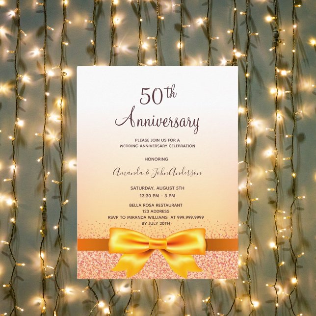 50th wedding anniversary gold bow invitation postcard (Creator Uploaded)