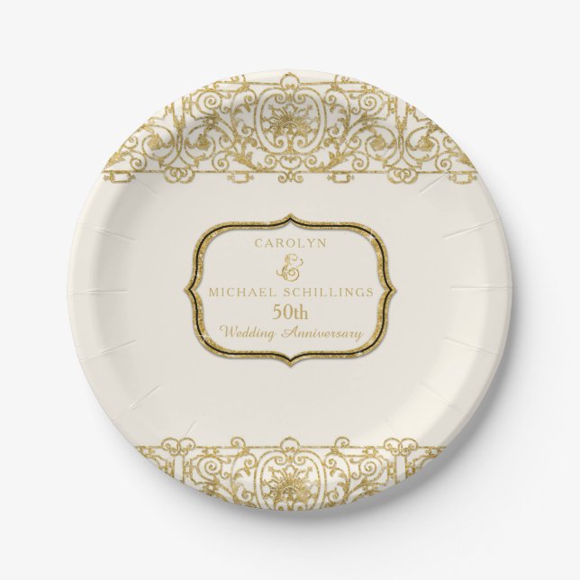 50th Wedding Anniversary Gold Cream Art Nouveau Paper Plate (Front)