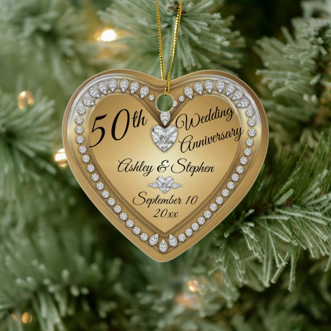 50th Wedding Anniversary Gold Diamonds Keepsake Ceramic Tree Decoration (Tree)