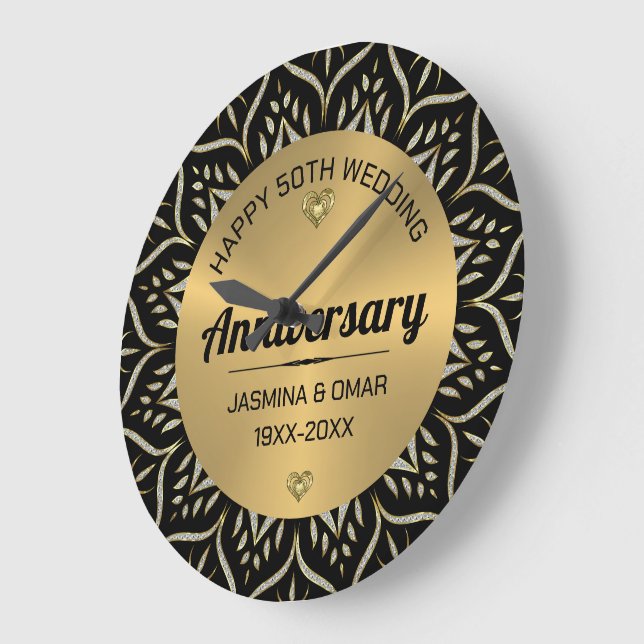 50th Wedding Anniversary Gold & Diamonds Large Clock (Angle)