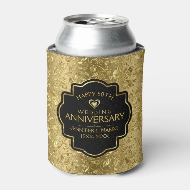 50th Wedding Anniversary & Gold Floral Damasks Can Cooler (Can Front)