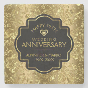 50th Wedding Anniversary & Gold Floral Damasks Stone Coaster