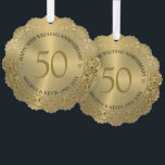 50th Wedding Anniversary Gold Floral Frame Tree Decoration Card<br><div class="desc">Elegant shiny floral gold swirls circle frame on a metallic texture image,  50th wedding anniversary with customisable black text.
White and gold diamond heart gemstone image.</div>