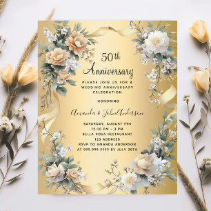 50th wedding anniversary gold florals invitation