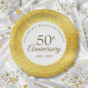 50th Wedding Anniversary Gold Foil Hearts Confetti Paper Plate