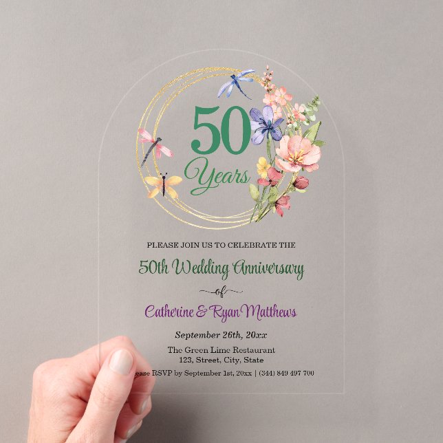 50th Wedding Anniversary Gold Frame Floral Acrylic Invitations (Insitu (Handheld))