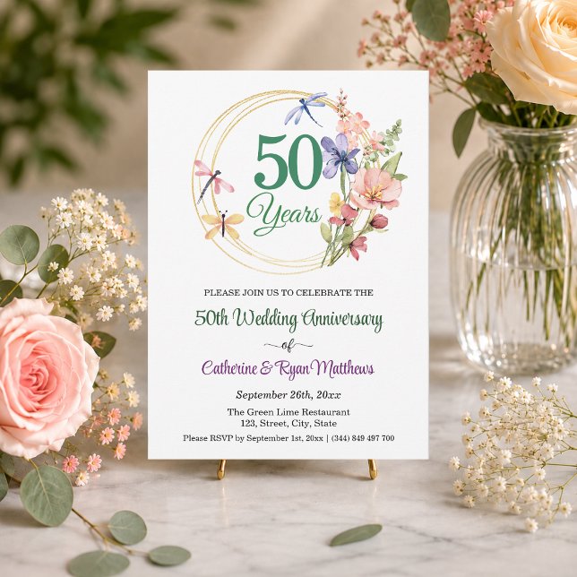 50th Wedding Anniversary Gold Frame Floral Invitation (Creator Uploaded)