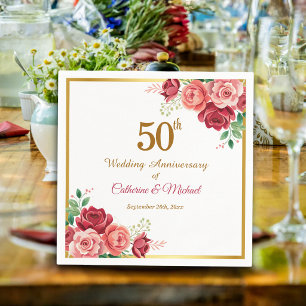 50th Wedding Anniversary Gold Frame Floral Napkin