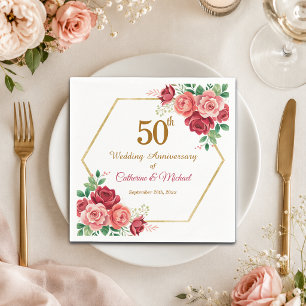 50th Wedding Anniversary Gold Frame Floral Napkin
