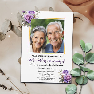 50th Wedding Anniversary Gold Frame Purple Roses Invitation