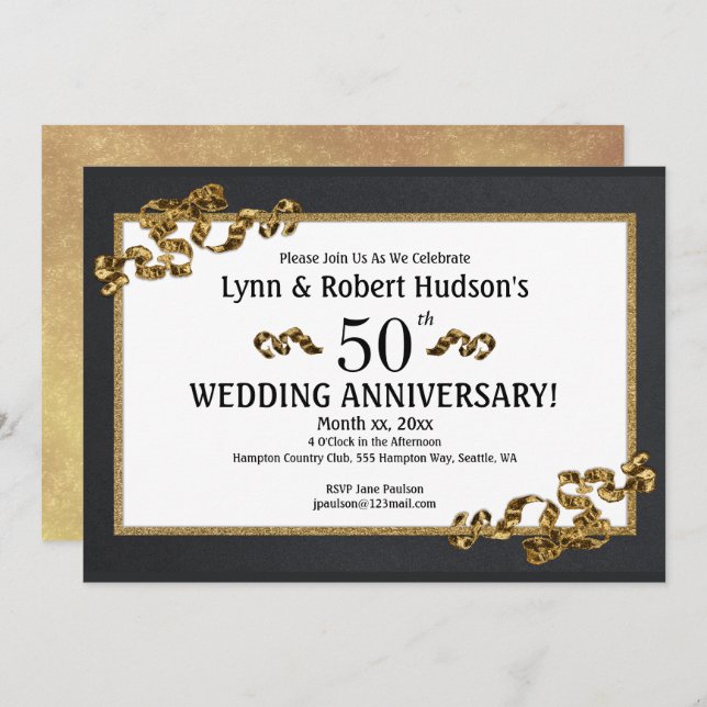 50th Wedding Anniversary Gold Framed Invitation (Front/Back)