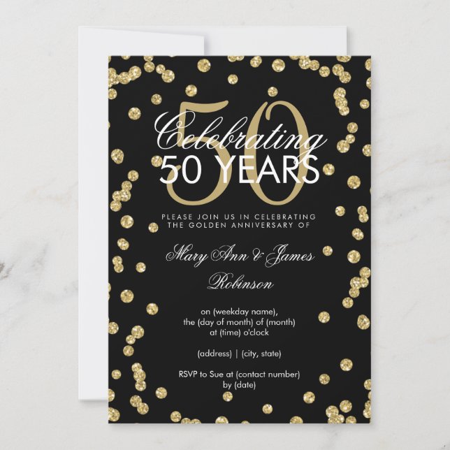 50th Wedding Anniversary Gold Glitter Confetti  Invitation (Front)