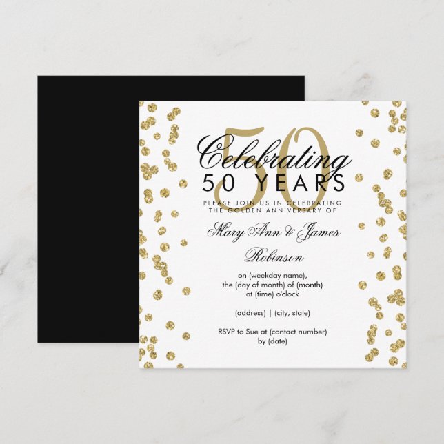 50th Wedding Anniversary Gold Glitter Confetti Invitation (Front/Back)