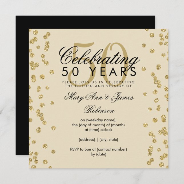 50th Wedding Anniversary Gold Glitter Confetti Invitation (Front/Back)