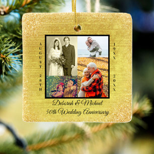 50th Wedding Anniversary Gold Glitter Photo Ceramic Ornament