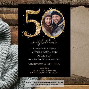 50th Wedding Anniversary Gold Glitter Photo Invitation